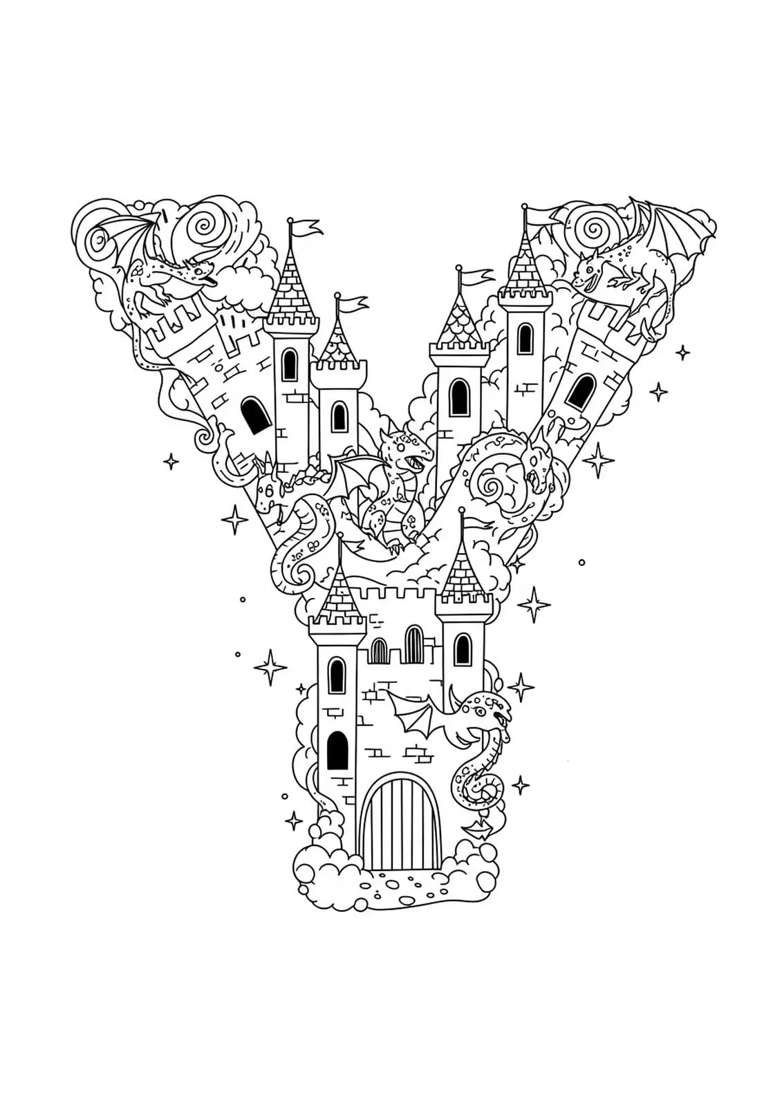 A detailed fantasy coloring page with the letter Y integrated into a castle, dragons, and mystical decorations for elementary students.