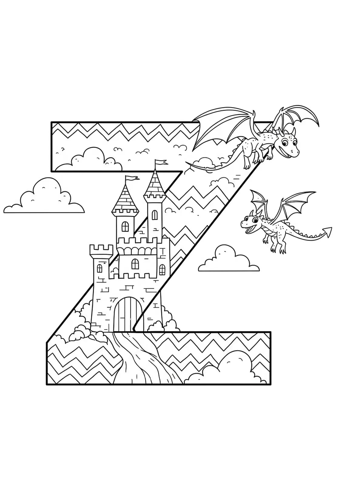 Letter Z with a fantasy castle, clouds, and a dragon, medium detail fantasy coloring page for kids.