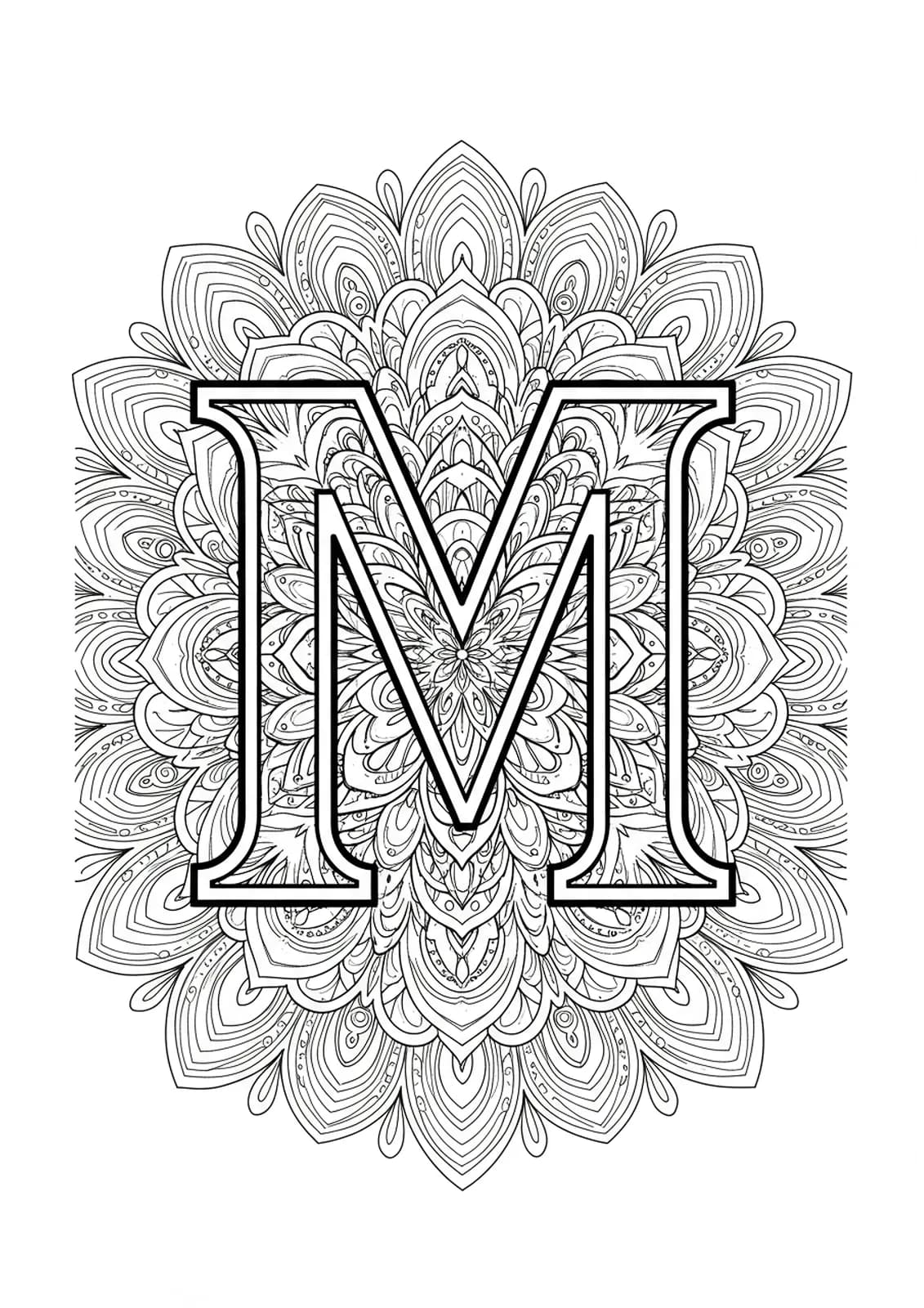 Letter M coloring page with a highly detailed mandala pattern and geometric designs.