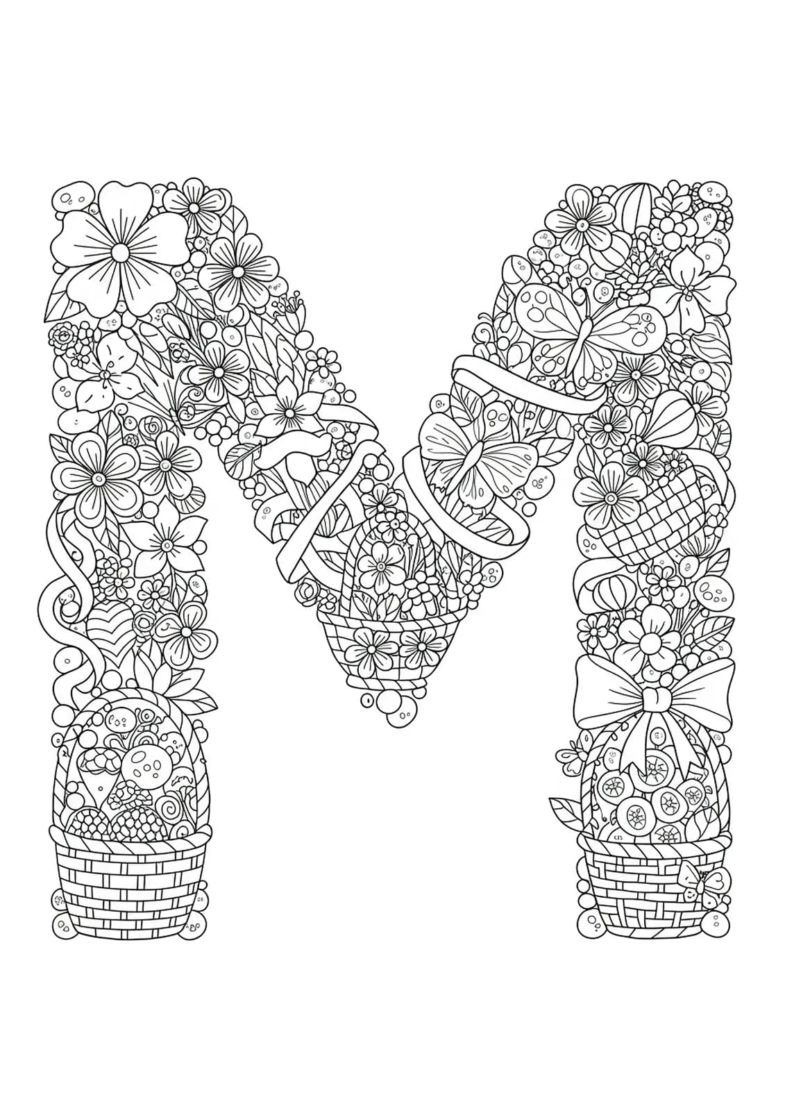 Letter M coloring page with detailed flowers, Maypole ribbons, butterflies, and baskets for May Day.