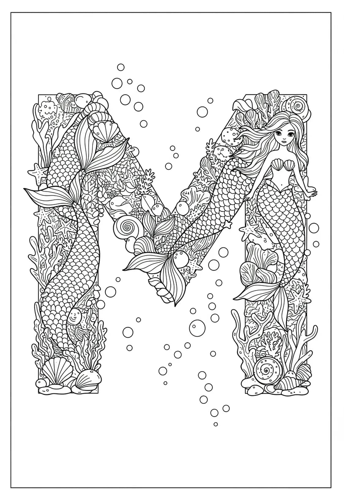 Hard coloring page with letter M and detailed mermaids, seashells, and ocean elements.
