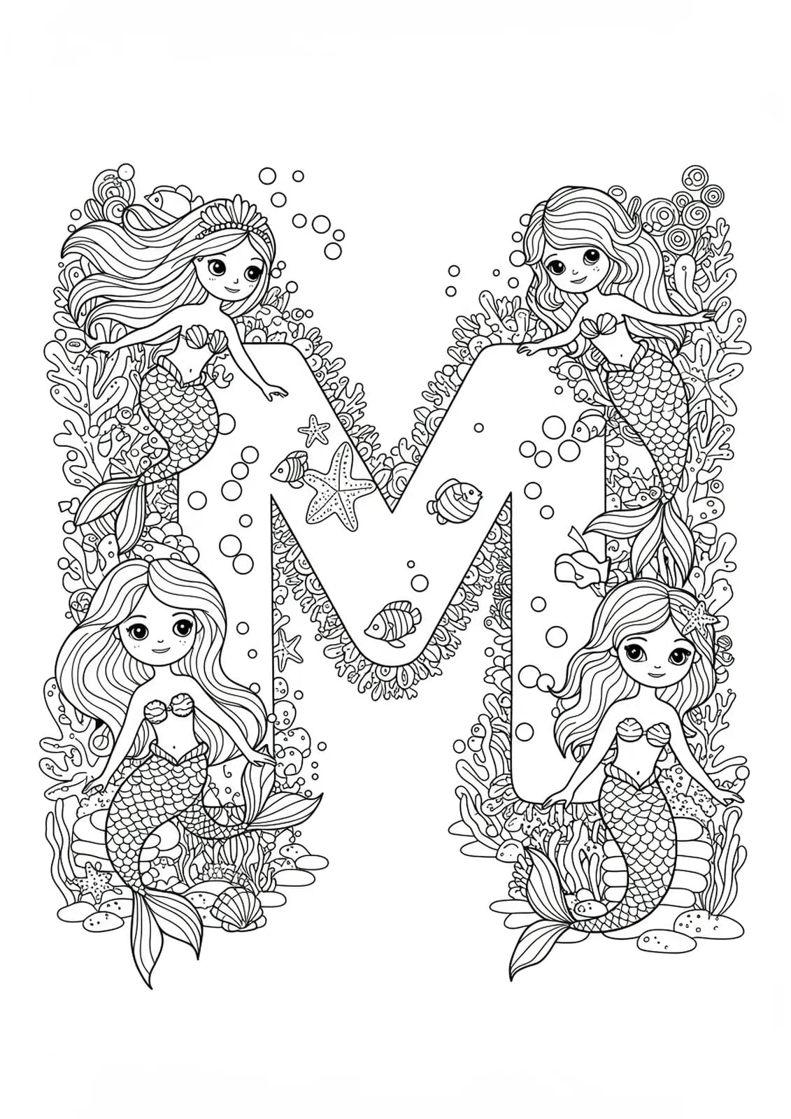 Intricate outline drawing of multiple mermaids swimming around a large letter M, with lots of small details and underwater elements.