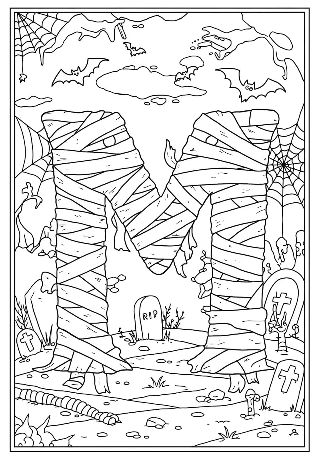 Intricate letter M coloring page with mummy bandages, cobwebs, bats, and tombstones for Halloween.