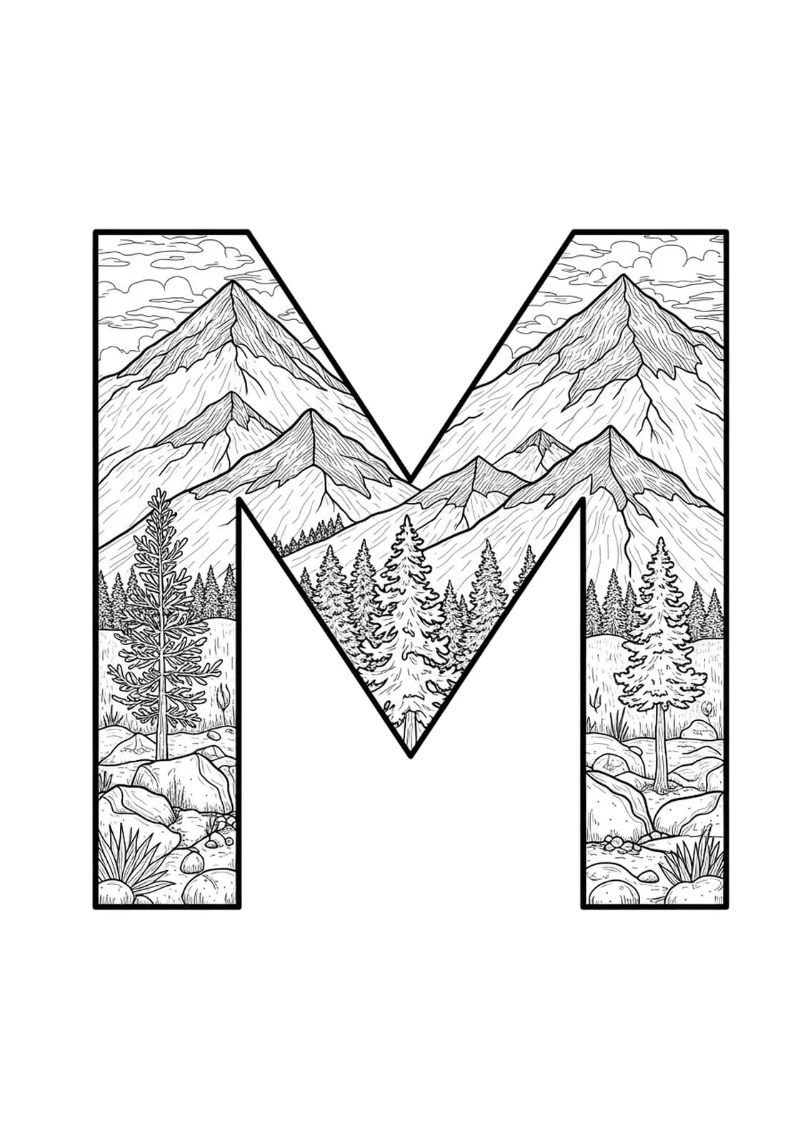 Hard level letter M coloring page with detailed mountains, trees, and nature elements.