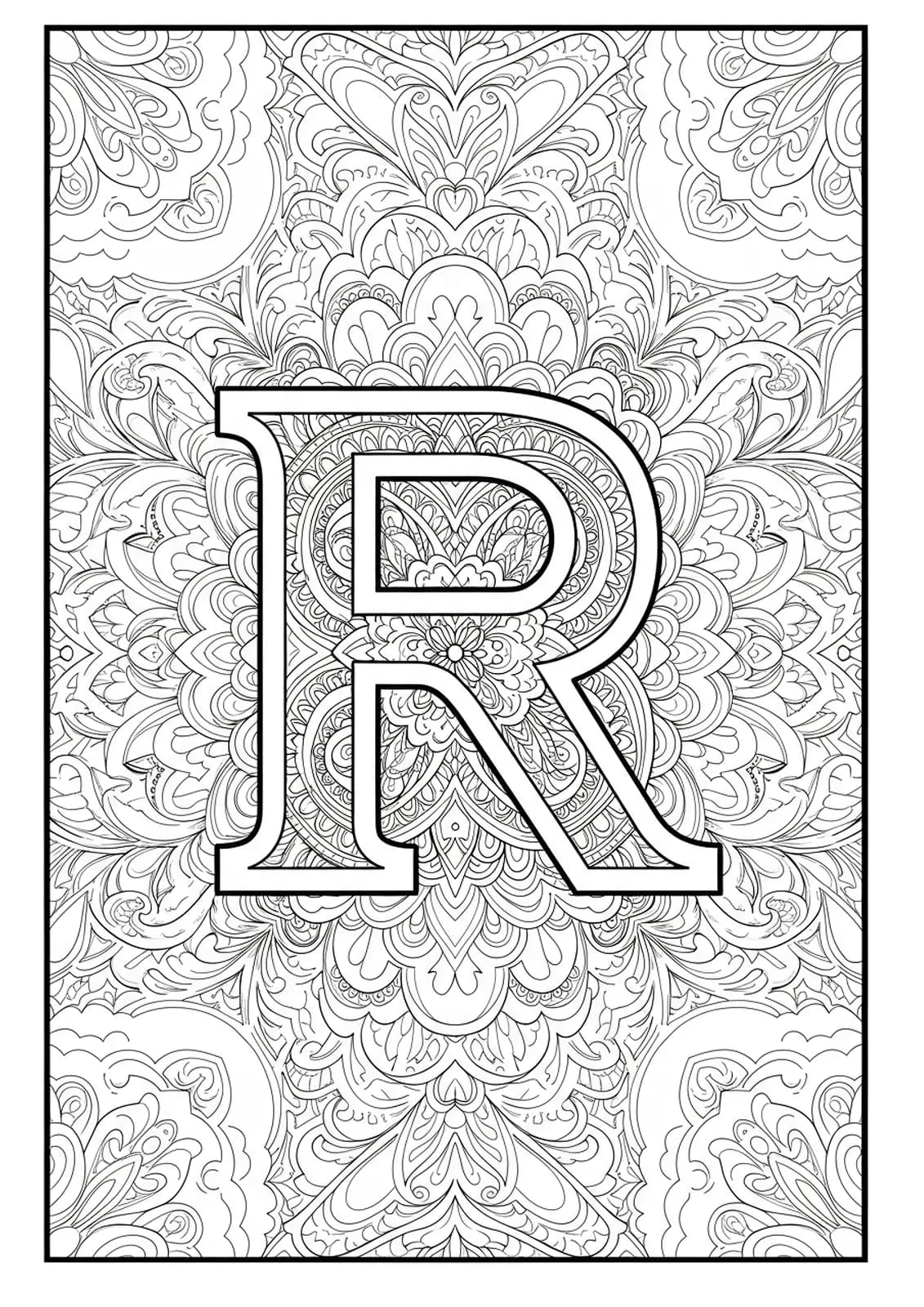 Letter R in the center of complex, modern mandala designs for a hard teen coloring page.