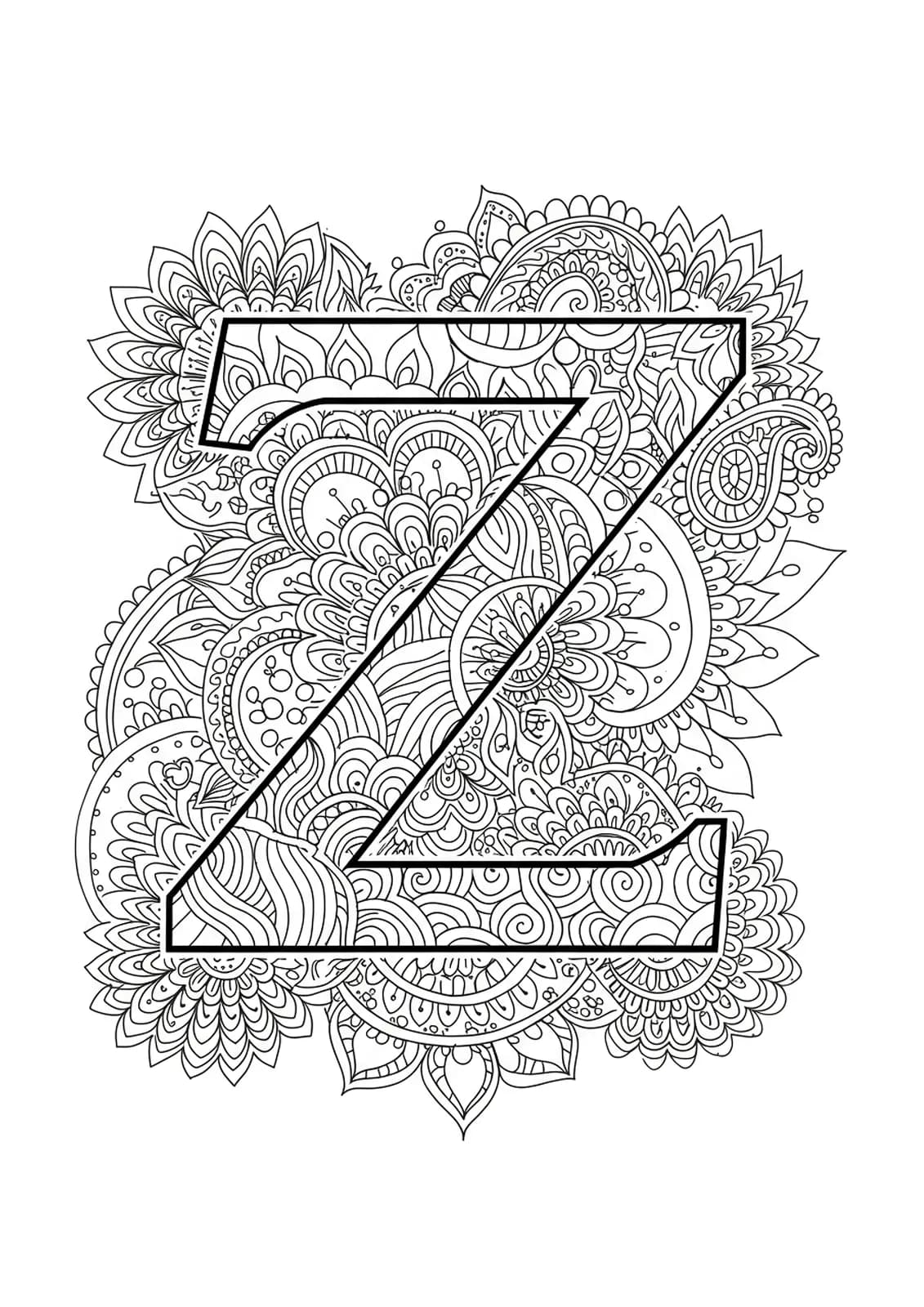 Letter Z surrounded by complex layered mandalas and paisley patterns, hard coloring page for teens.