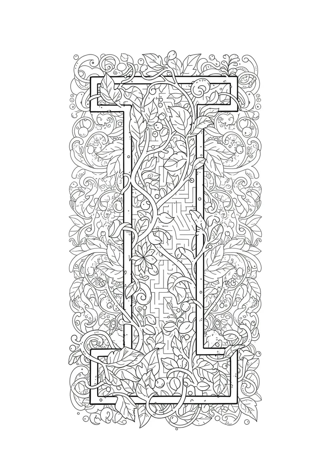 Complex botanical labyrinth design forming the letter I with detailed mandala and maze-like plant patterns.