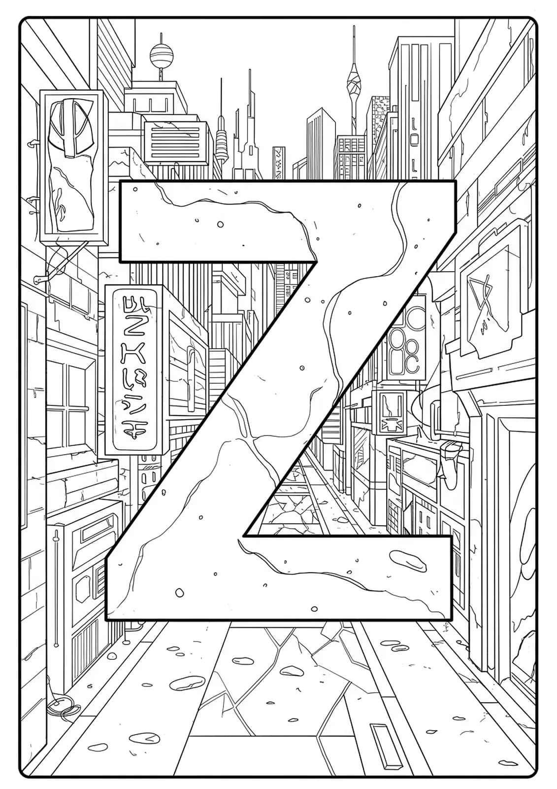 Complex manga cityscape with letter Z integrated into buildings, detailed hard coloring page for teens.