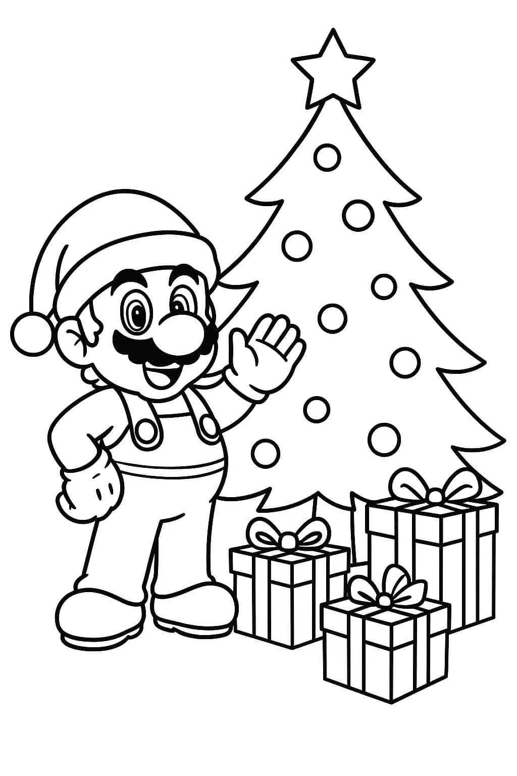 Simple Mario coloring page with Mario in a Santa hat next to a Christmas tree and presents.