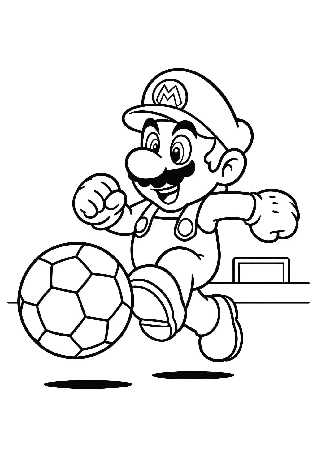 Easy Mario coloring page with Mario kicking a soccer ball on a simple field.