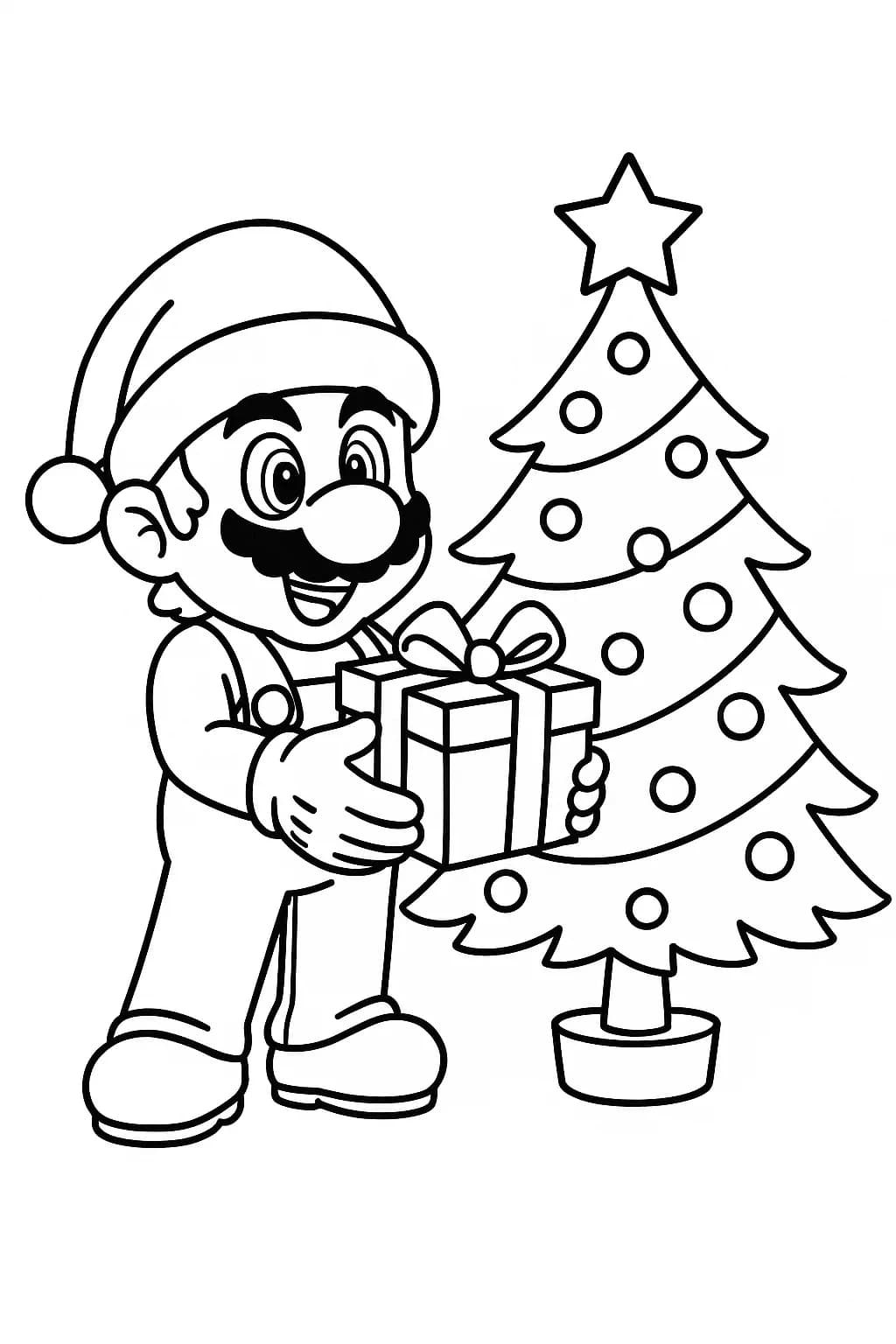 Mario wearing a Santa hat holding a gift beside a Christmas tree with ornaments