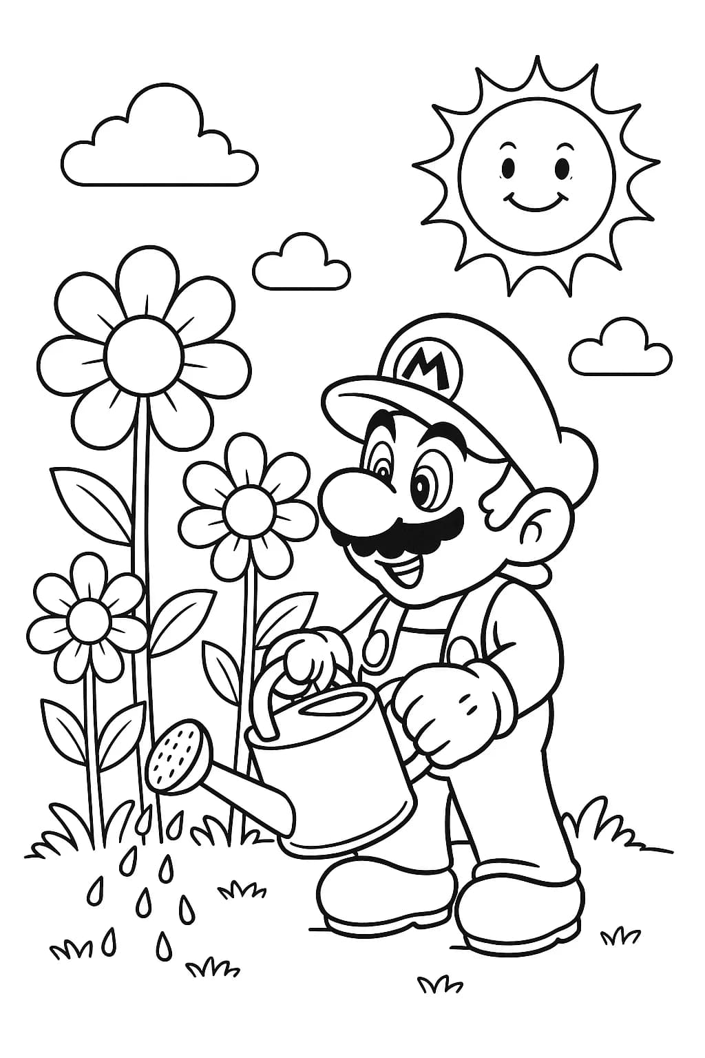 Easy Mario coloring page with Mario watering flowers in a spring garden.