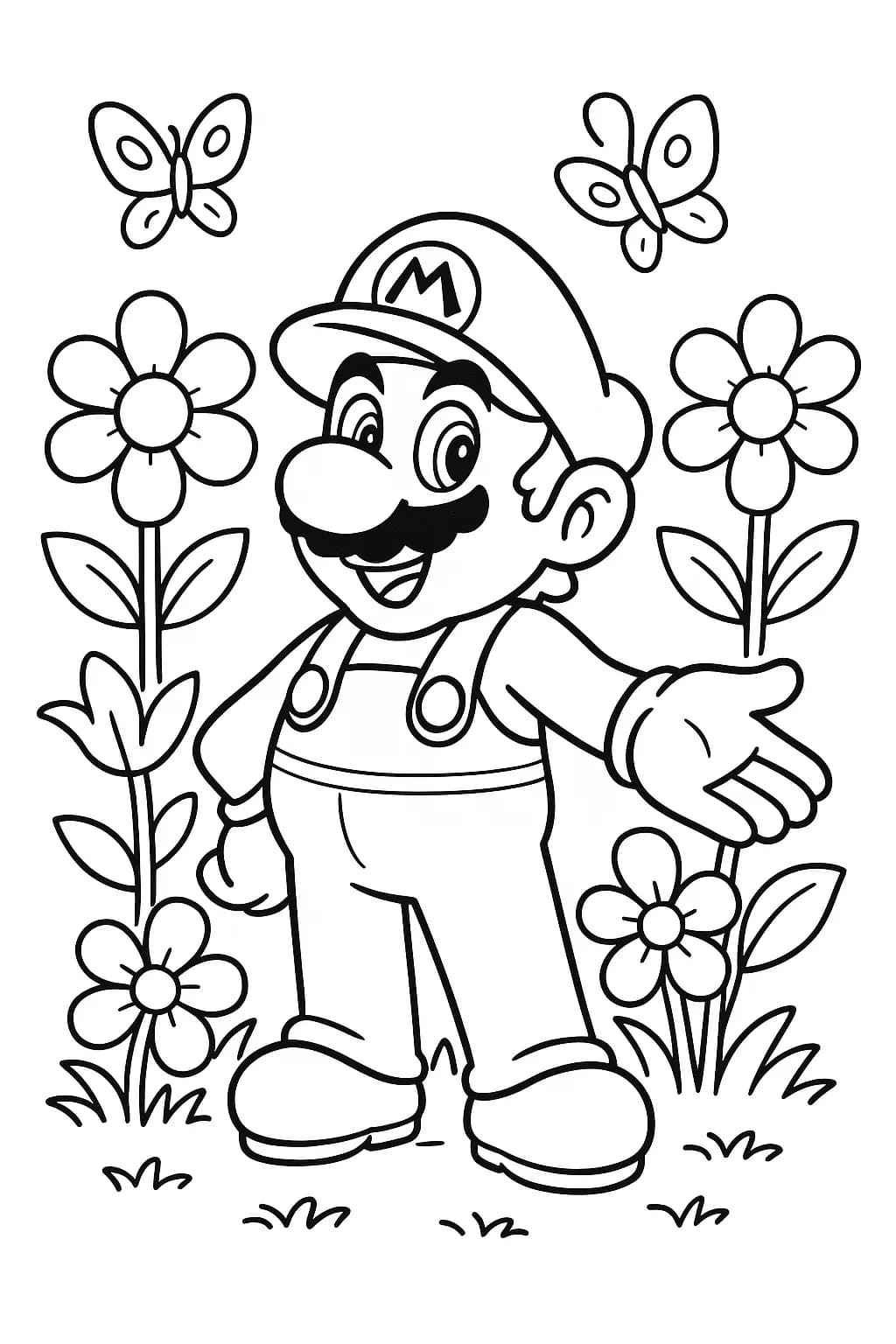 Mario standing in a flower garden with butterflies flying around