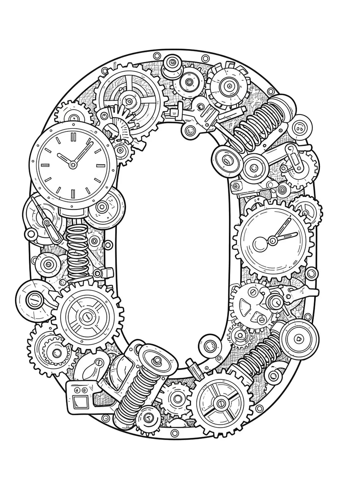 Highly detailed letter O surrounded by mechanical clockwork gears, springs, and cogs, hard adult coloring page