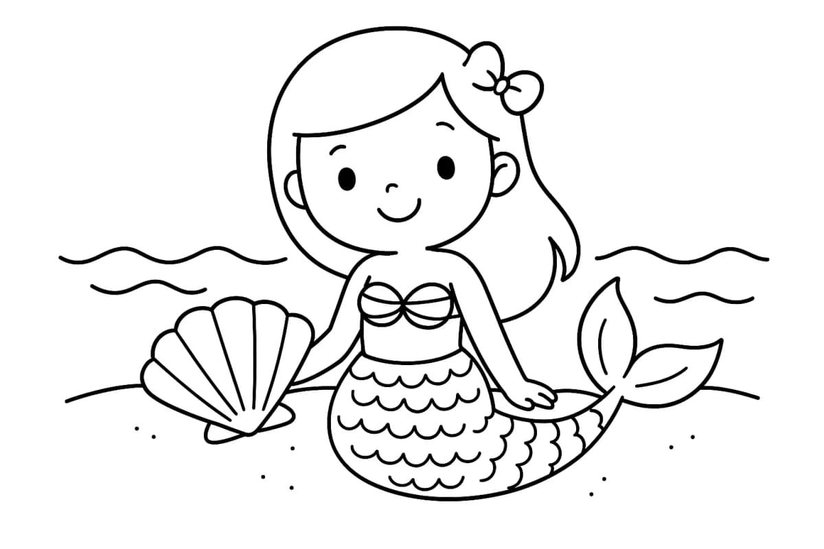 Easy coloring page of a smiling mermaid sitting on the beach with a big seashell and simple waves.