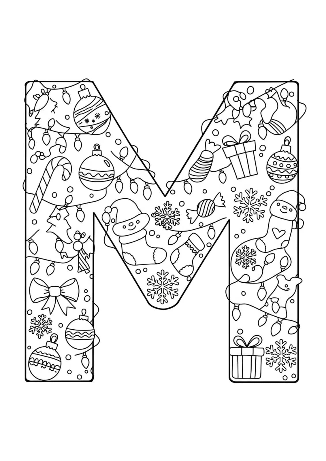 Intricate line art of a large letter M decorated with Christmas ornaments, snowflakes, and holiday elements, highly detailed.