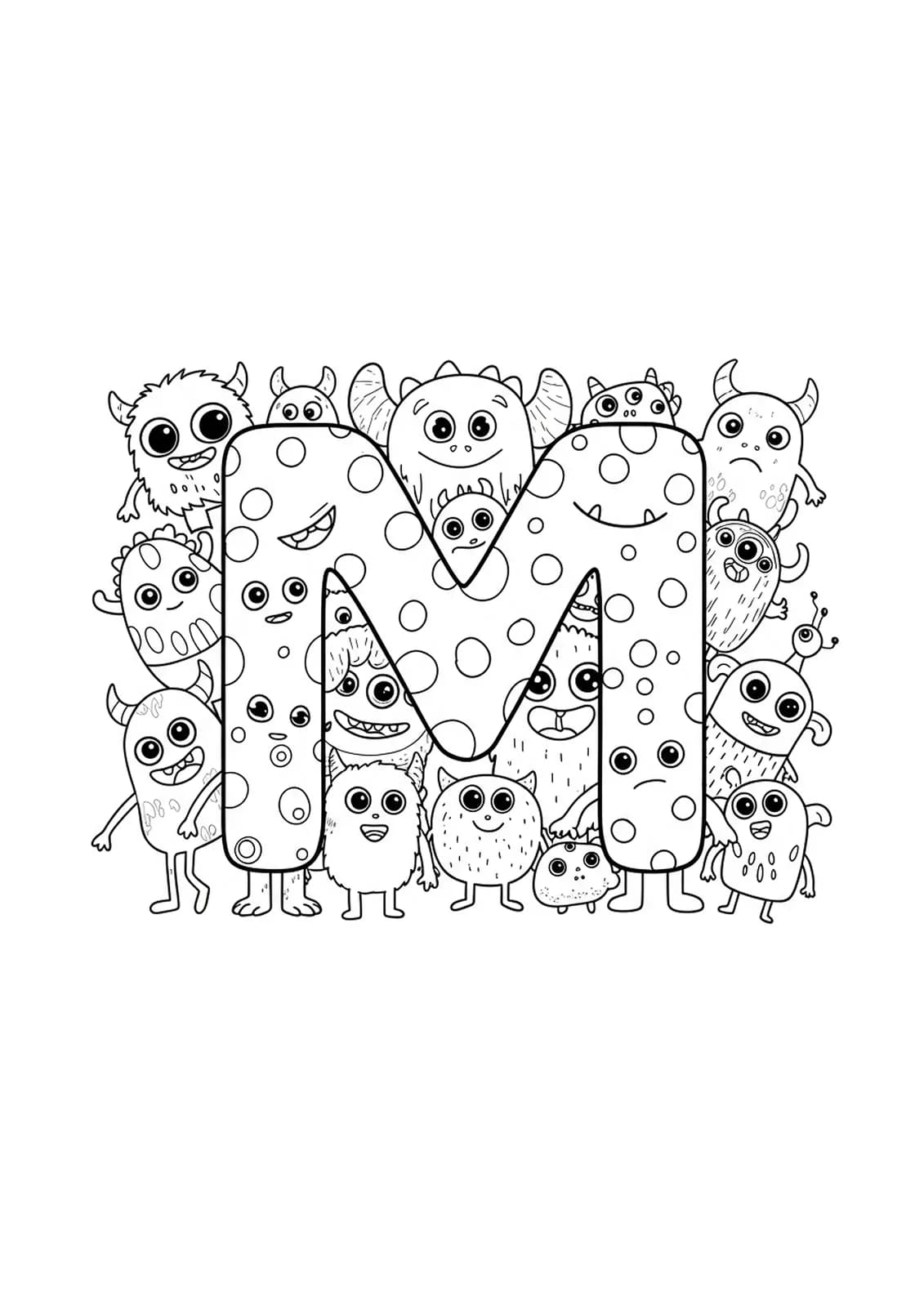 Detailed black and white drawing of several friendly monsters with unique patterns and textures, grouped around a large letter M.