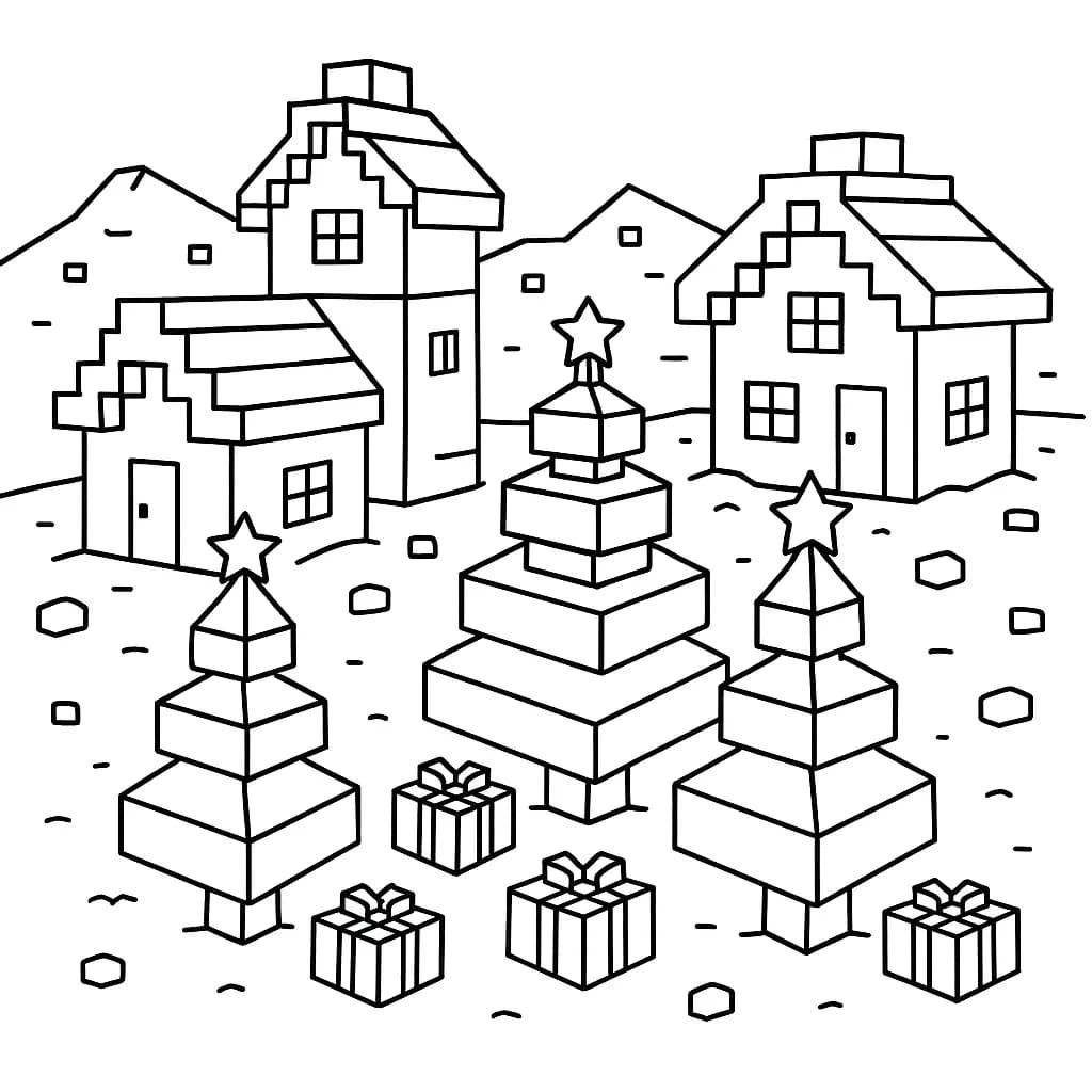 Easy Minecraft Christmas village with blocky houses, snow, Christmas trees, and presents, simple lines.