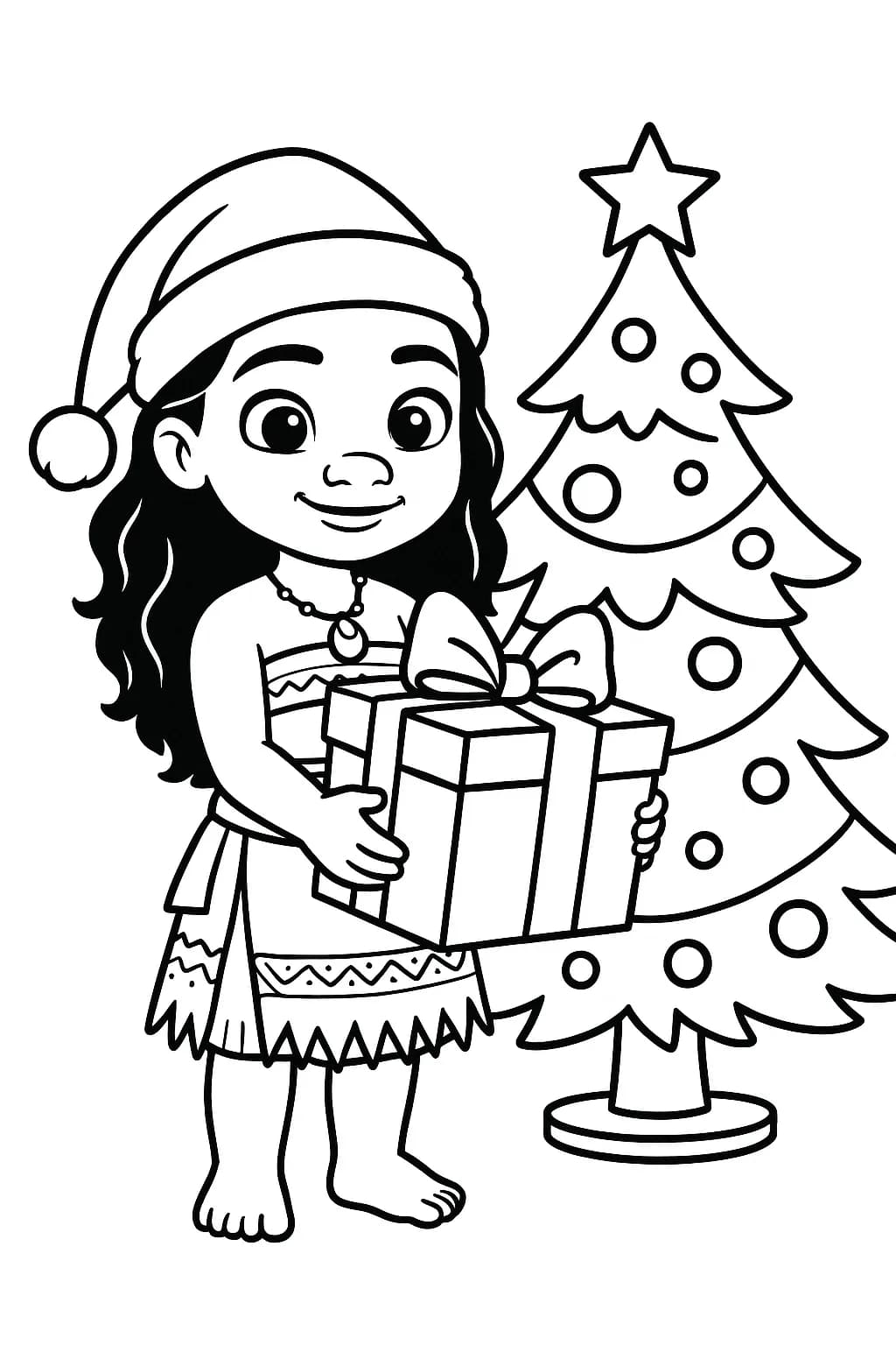 Simple coloring page of Moana wearing a Santa hat, holding a present next to a Christmas tree, easy for preschoolers.