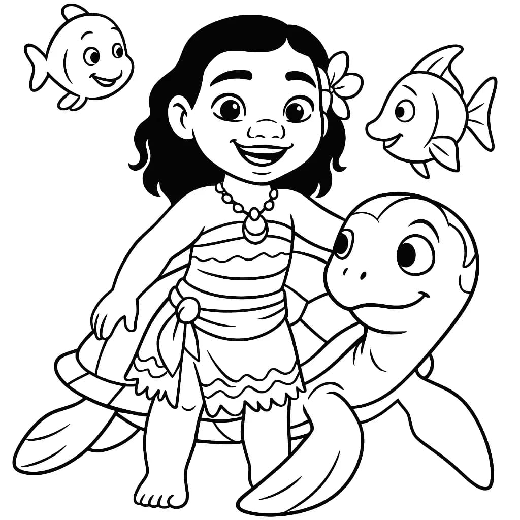 Simple coloring page of Moana with a big sea turtle and two smiling fish, easy for preschoolers.