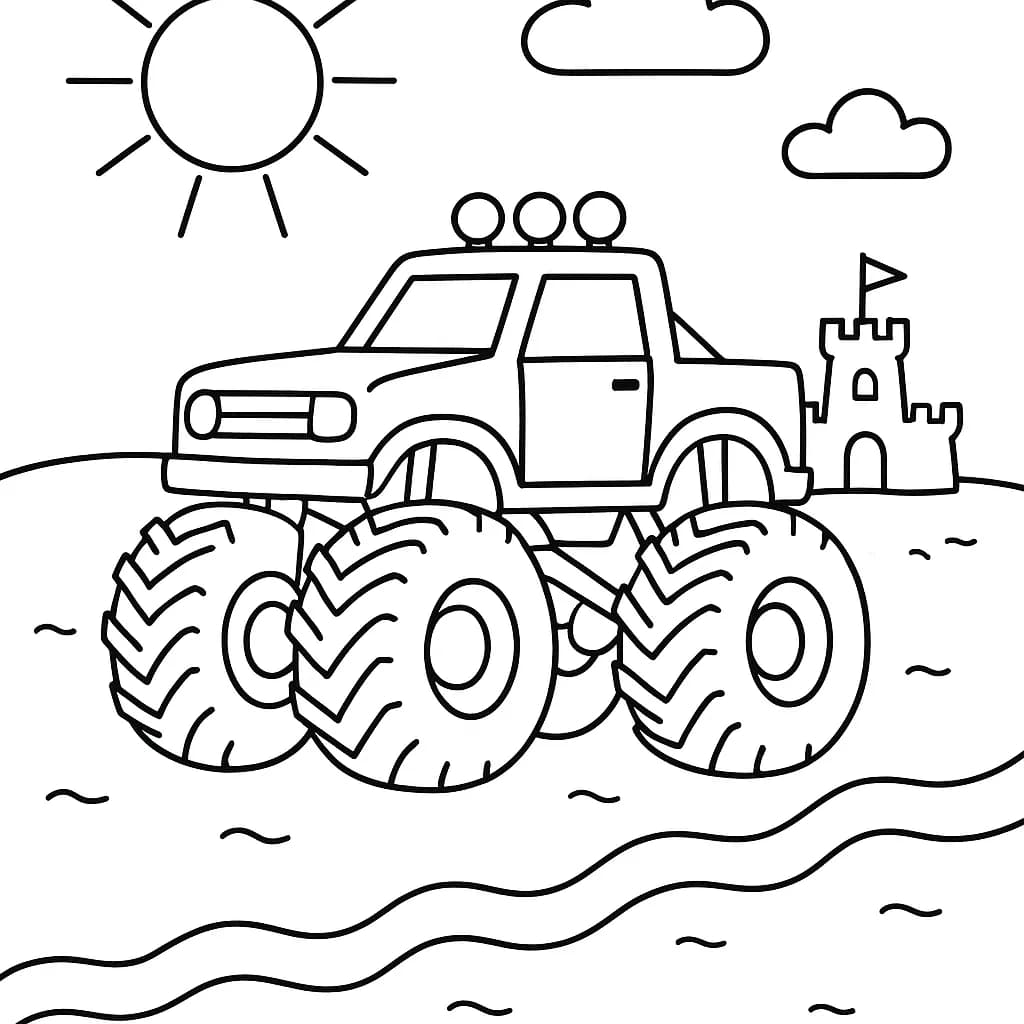 Simple line art of a monster truck driving on a beach with a sun and sandcastle, easy for preschoolers to color.