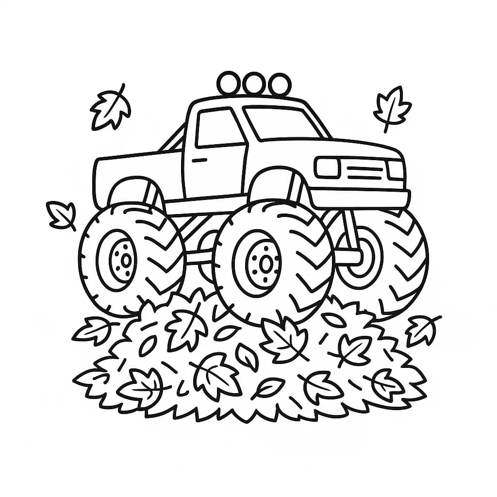 Monster truck driving through a pile of autumn leaves, simple outlines for easy coloring.