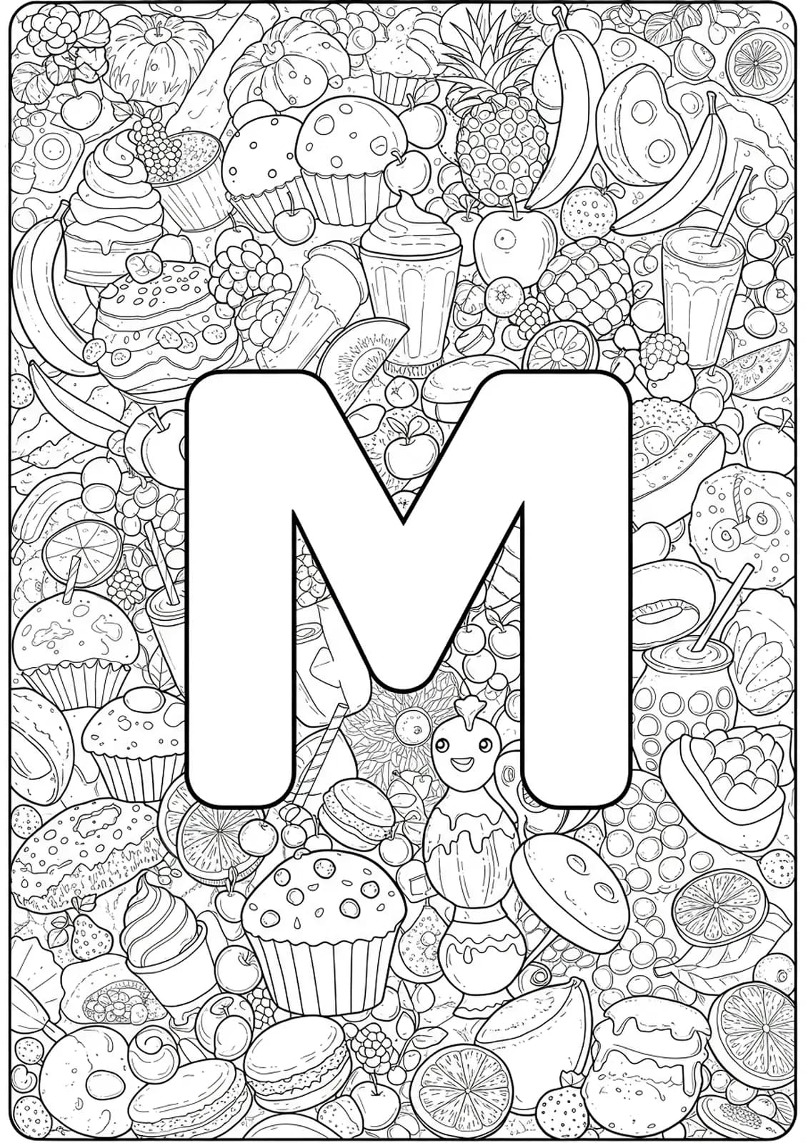 Letter M coloring page with macaroni, muffins, milkshakes, and detailed food items.