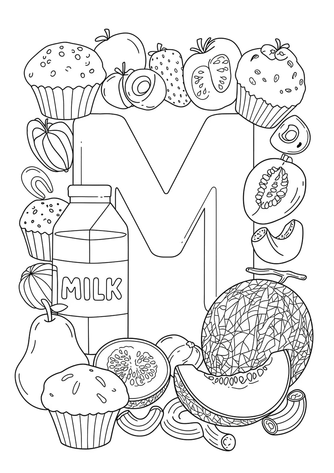 Complex line art of muffins, a glass of milk, melon slices, and macaroni arranged around a large letter M, with lots of small food details.