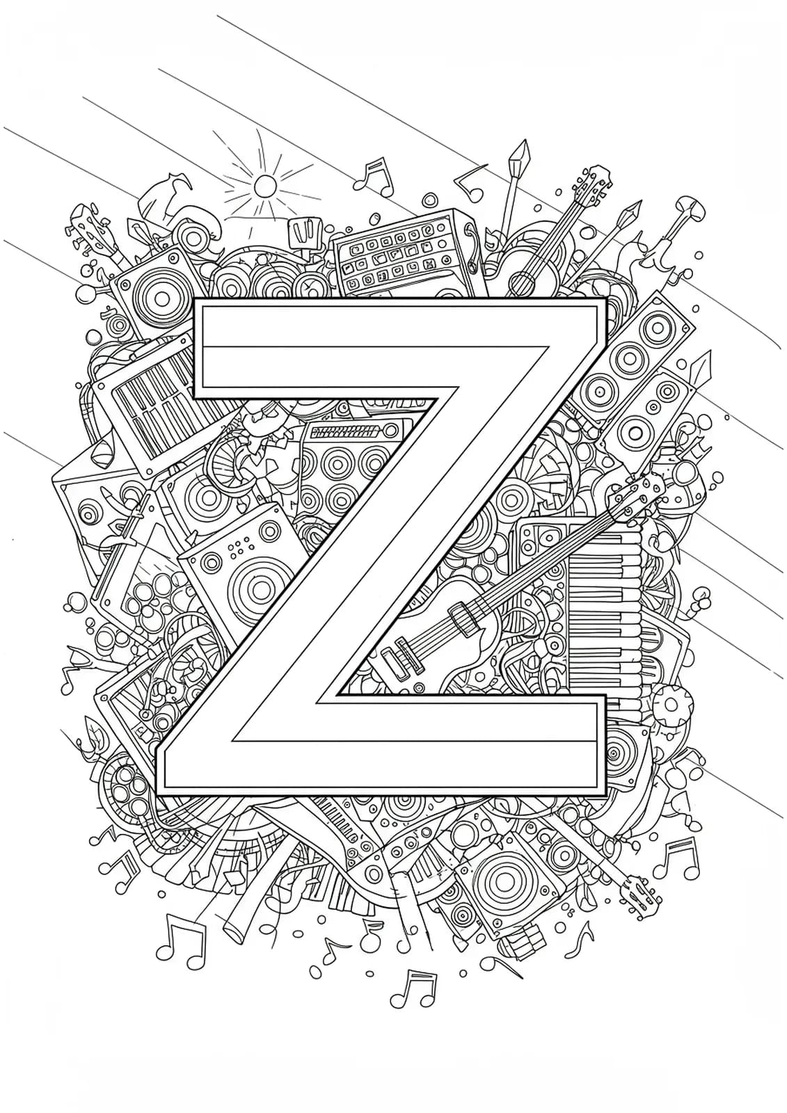 Letter Z with music festival scene, instruments and stage lights, hard coloring page for teens.