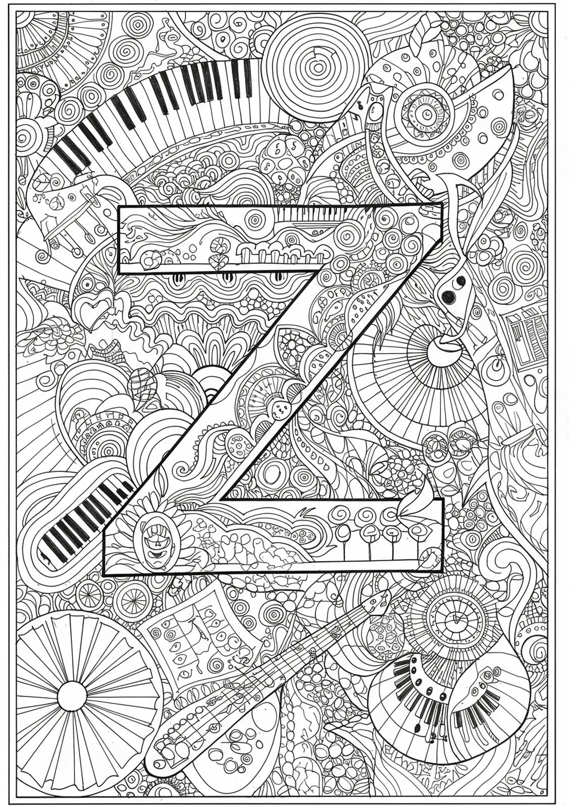Letter Z surrounded by symbols and patterns of multiple music genres, hard coloring page for teens.