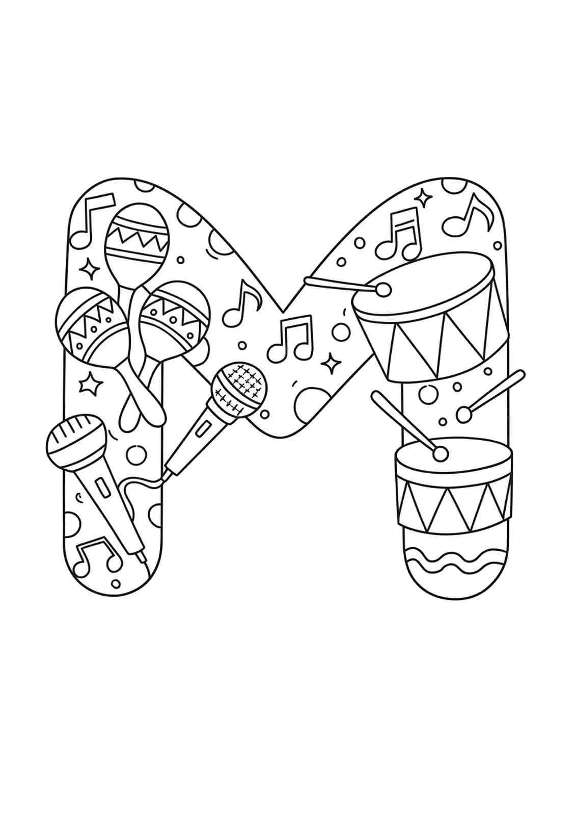 Coloring page showing the letter M with maracas, a microphone, a drum, and musical notes.