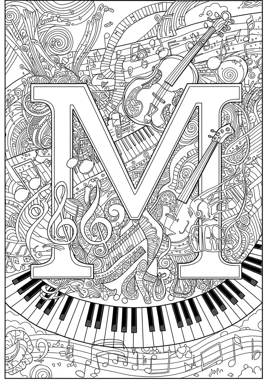 Letter M coloring page decorated with musical notes, piano keys, and instrument outlines.