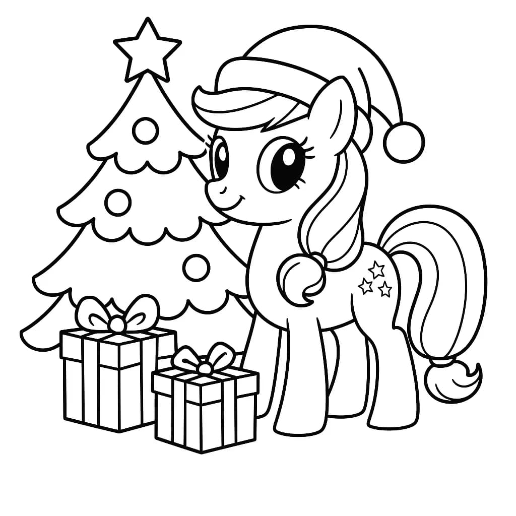 Simple line art of a My Little Pony wearing a Santa hat beside Christmas gifts and a tree, easy style