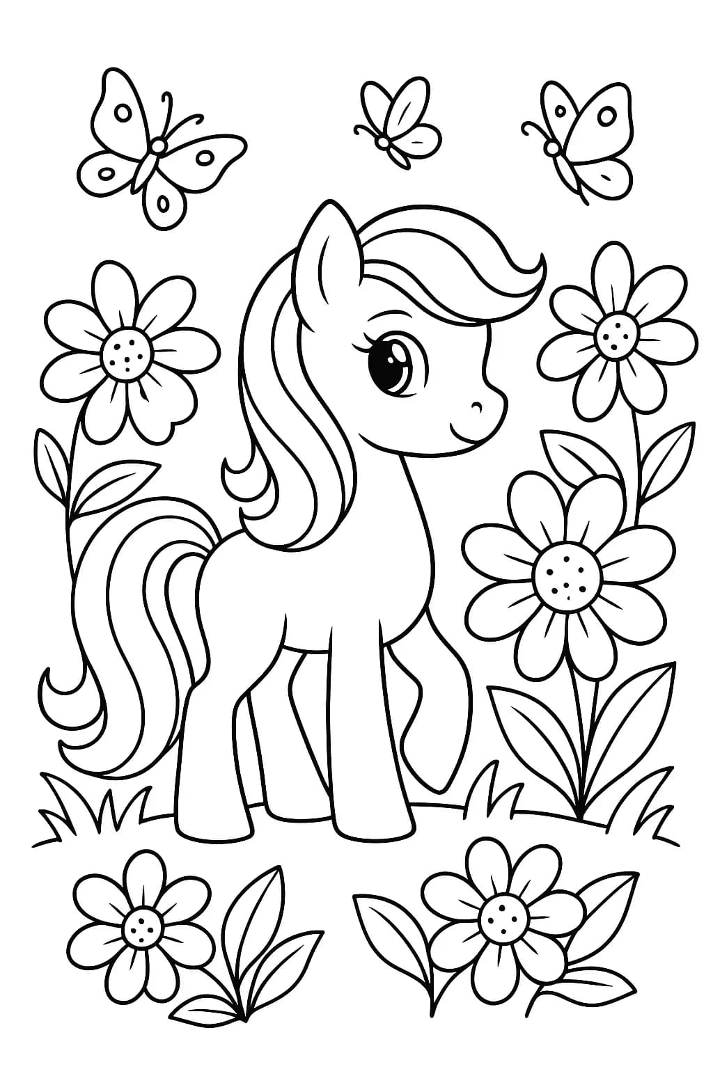 Easy line drawing of a My Little Pony standing among large flowers and butterflies, simple and clear