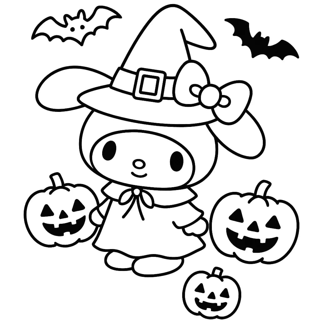 My Melody dressed in a witch costume with pumpkins and bats around her.