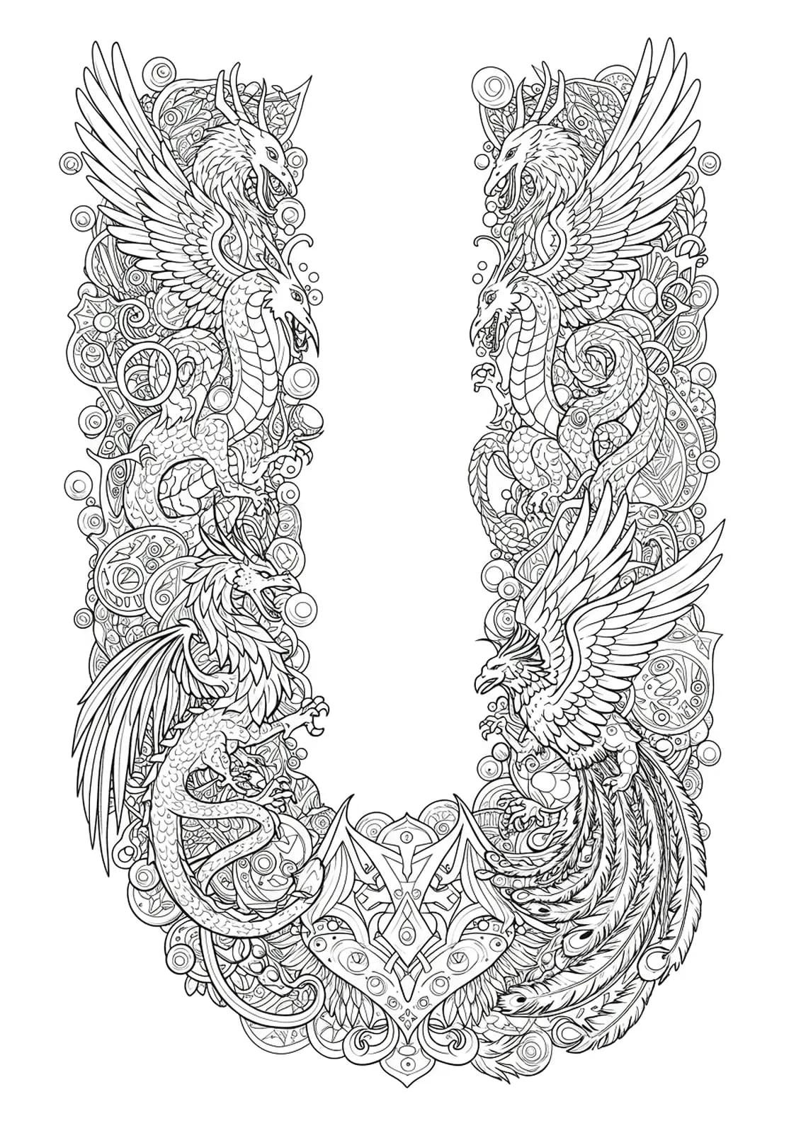 Letter U intertwined with detailed dragons, griffins, phoenix feathers, and mystical symbols for a challenging teen coloring page.