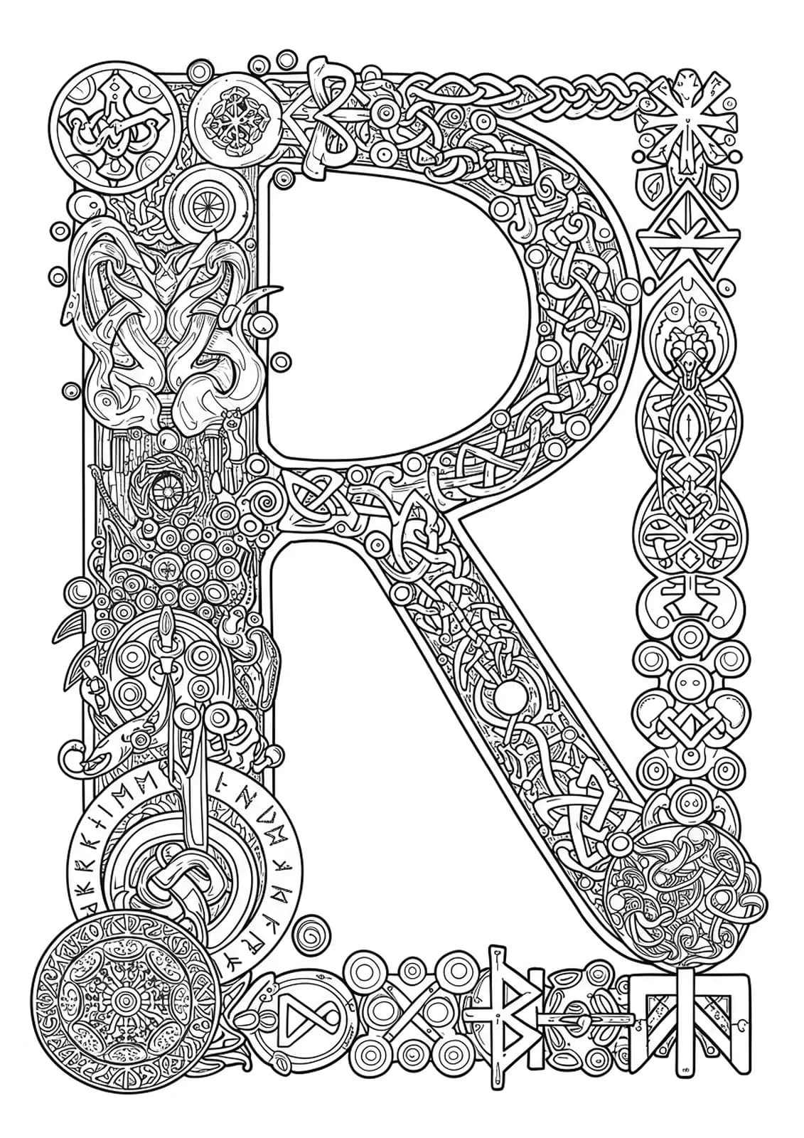 Letter R surrounded by intricate mythological runes and legendary symbols for a hard teen coloring page.