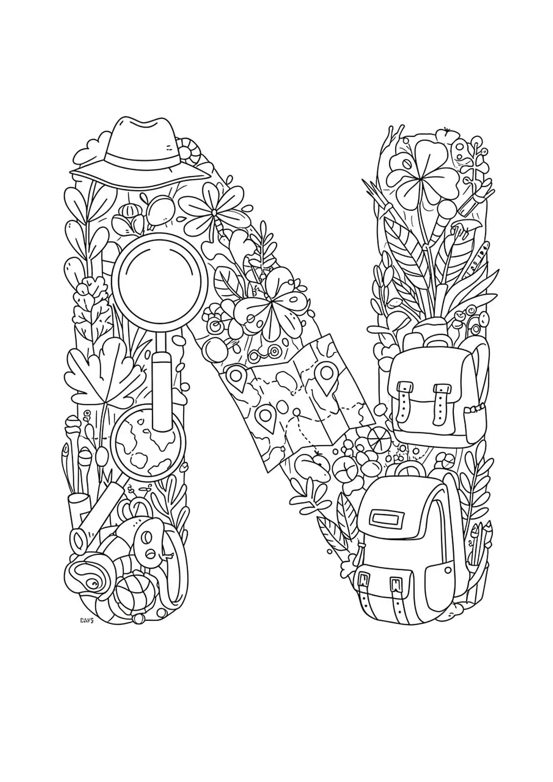Detailed letter N surrounded by magnifying glass, bugs, plants, and exploration tools for coloring
