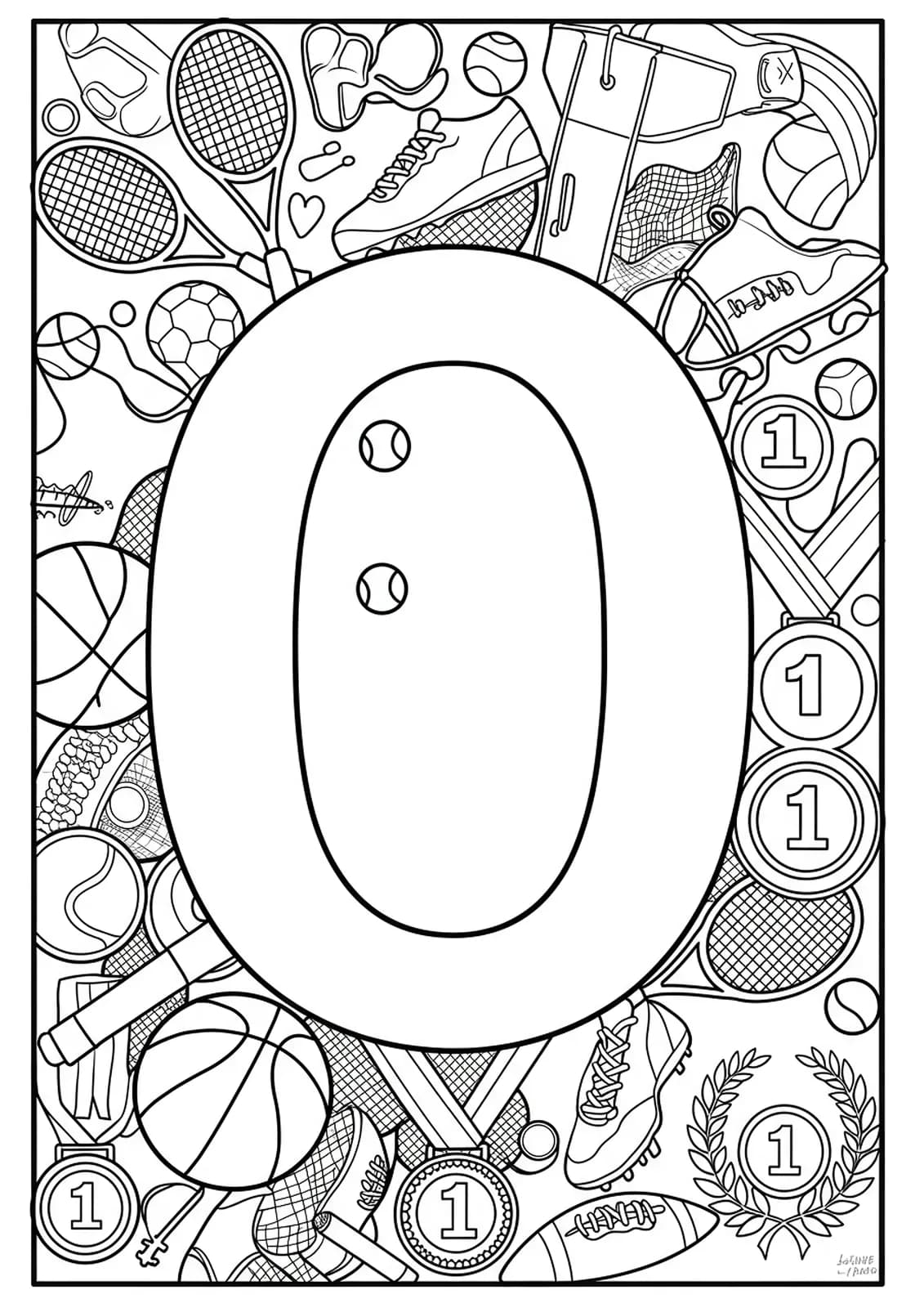 Detailed Letter O coloring page with sports equipment and Olympic-themed patterns.