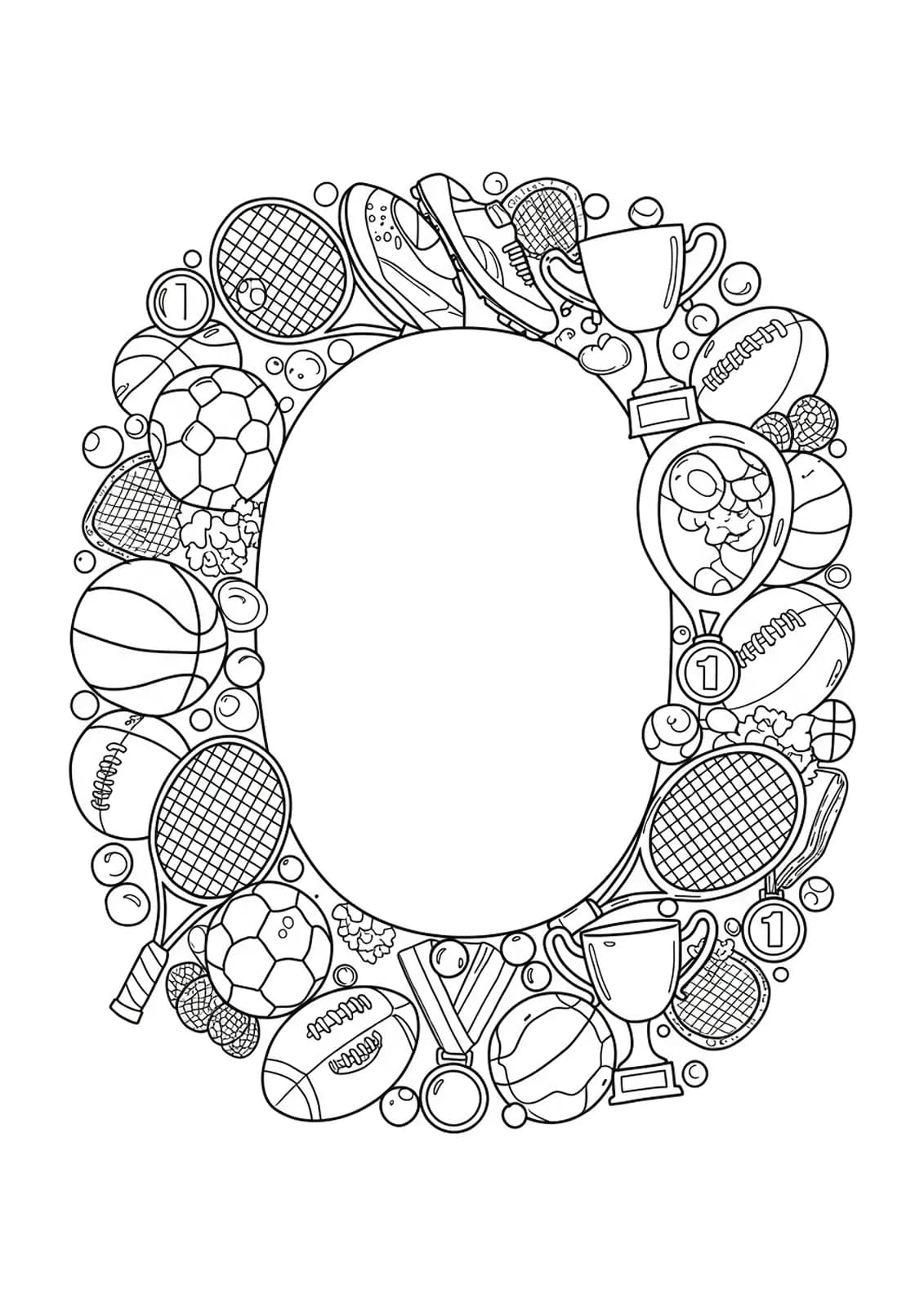 Detailed letter O with sports equipment like balls, racquets, and medals for preschool coloring.