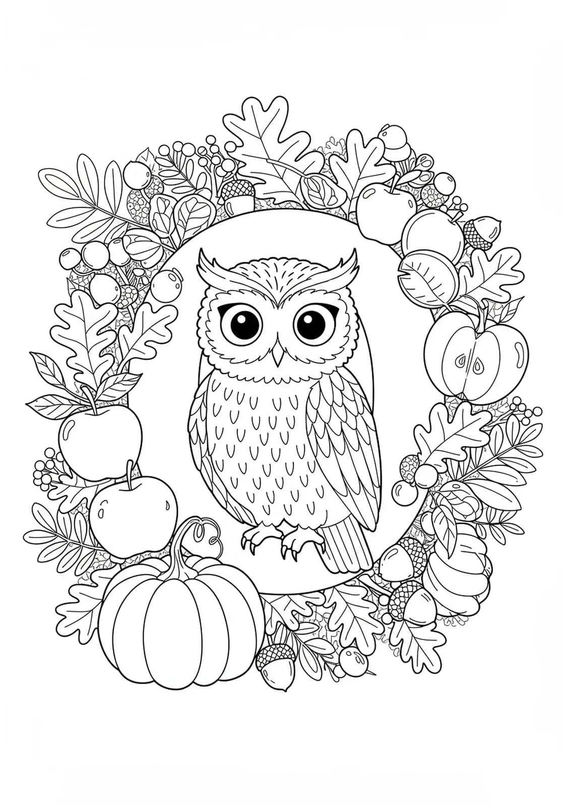 Letter O coloring page with owl, apples, pumpkins, and detailed autumn leaves.