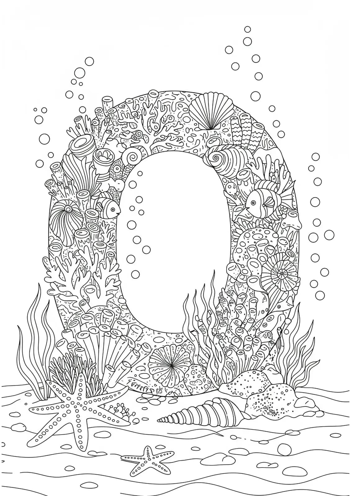 Complex ocean-themed letter O coloring page with detailed sea creatures and underwater patterns.