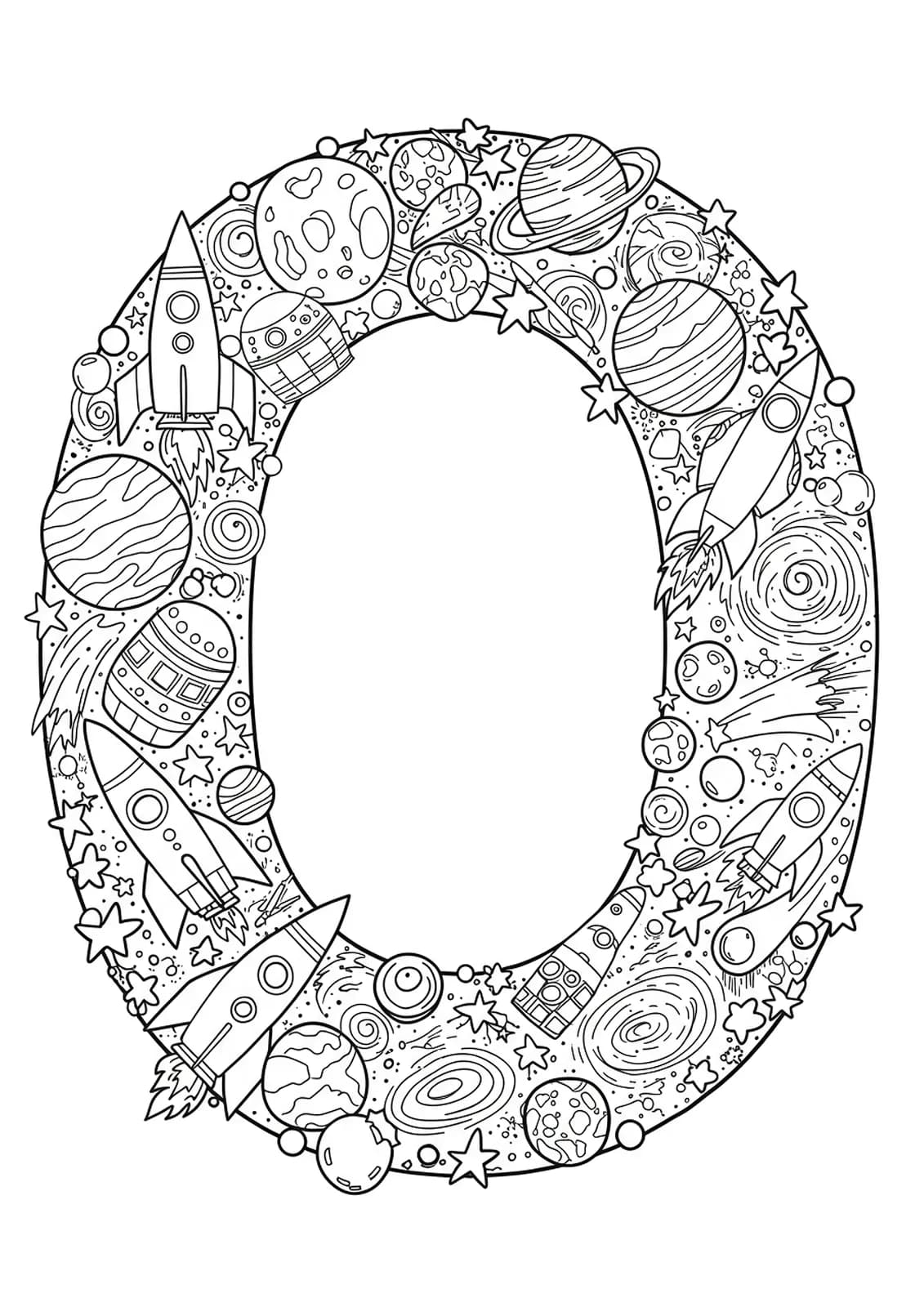 Letter O coloring page with detailed space elements like planets, rockets, and stars.
