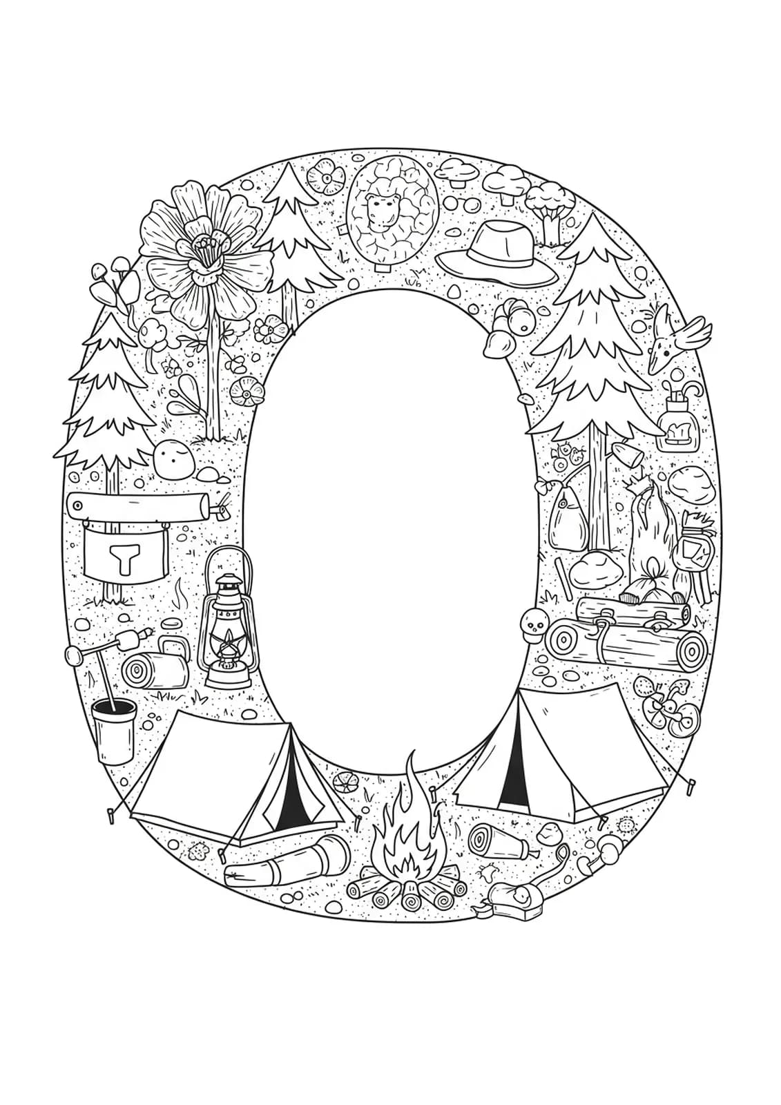 Letter O coloring page with tents, campfires, lanterns, and pine trees in intricate detail.