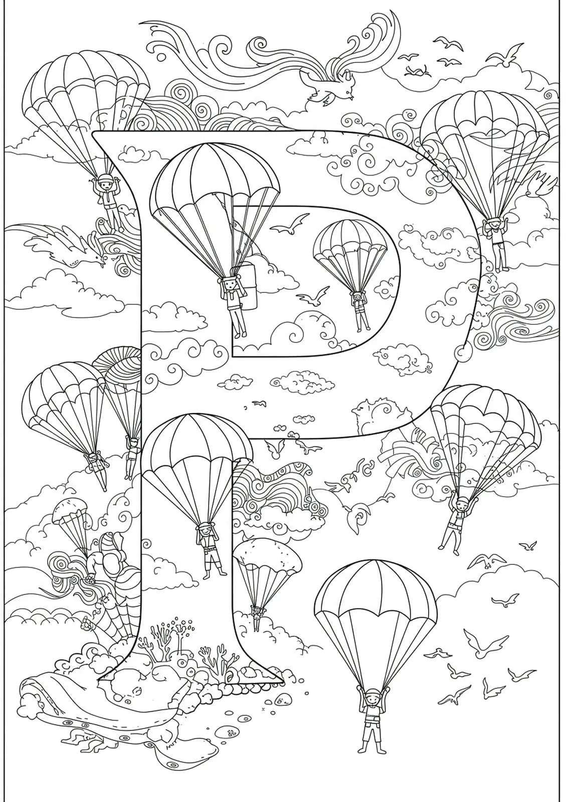 Hard coloring page with letter P, parachutes, clouds, birds, and intricate wind patterns.