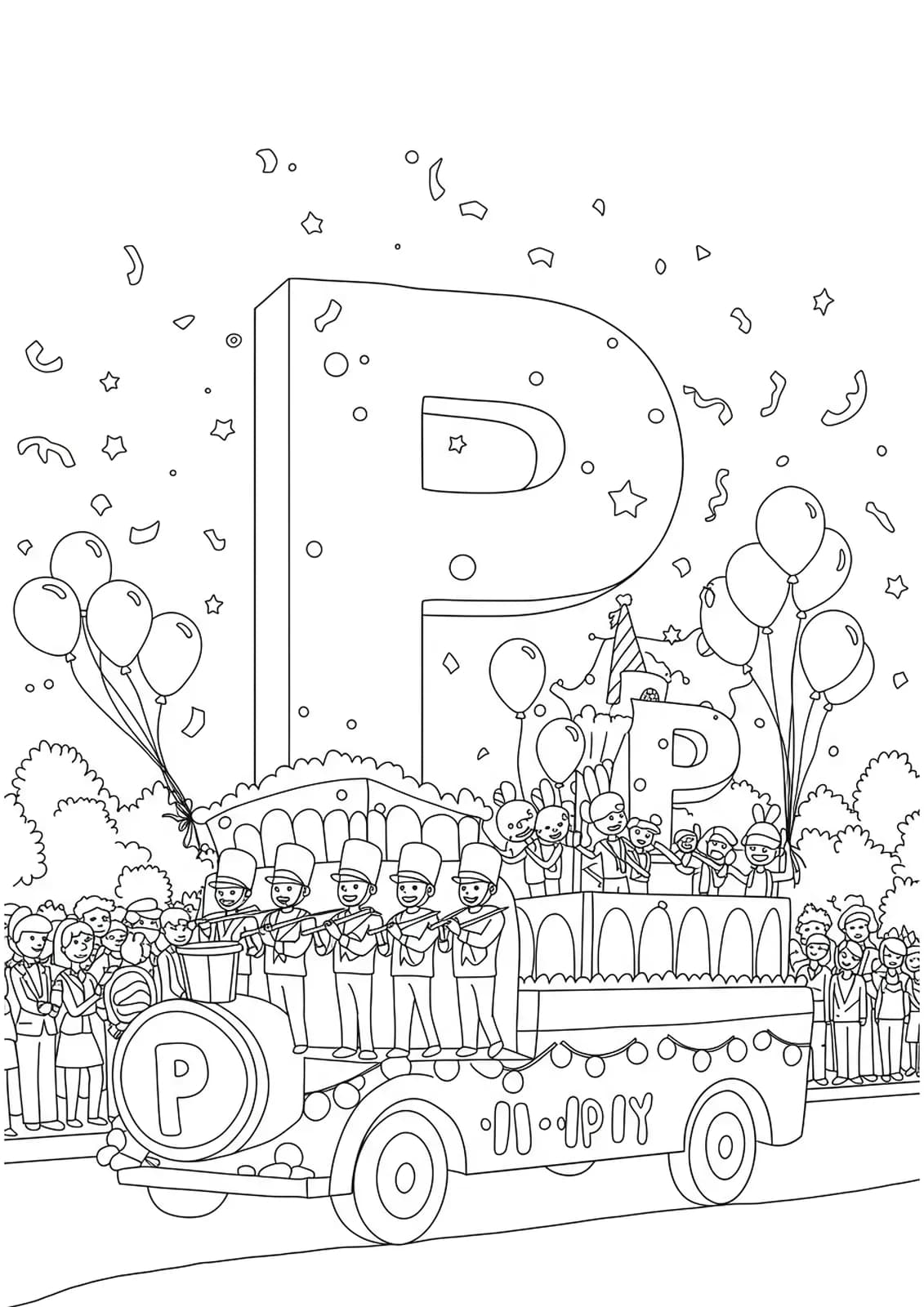 Coloring page of a parade with balloons, floats, and letter P, medium detail for elementary kids.