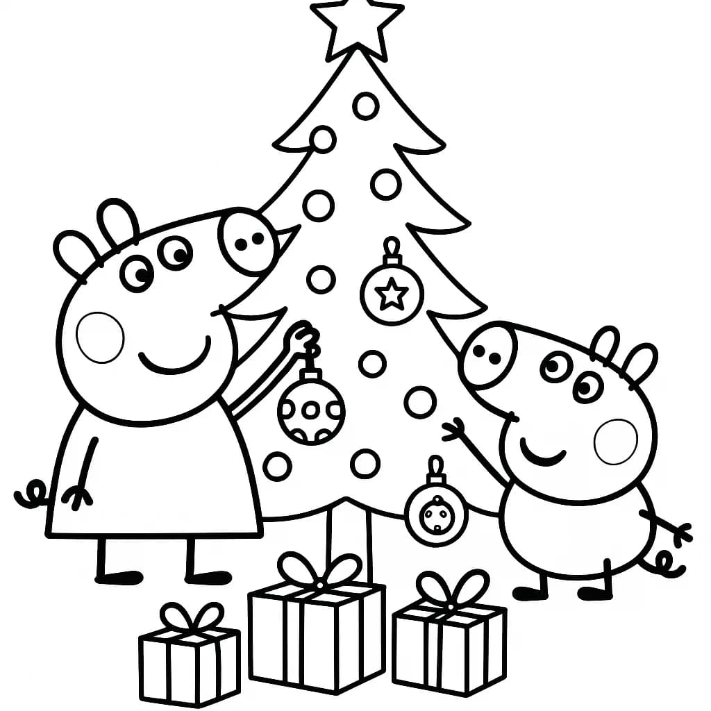 Peppa Pig and George decorating a Christmas tree with presents underneath, easy coloring page.