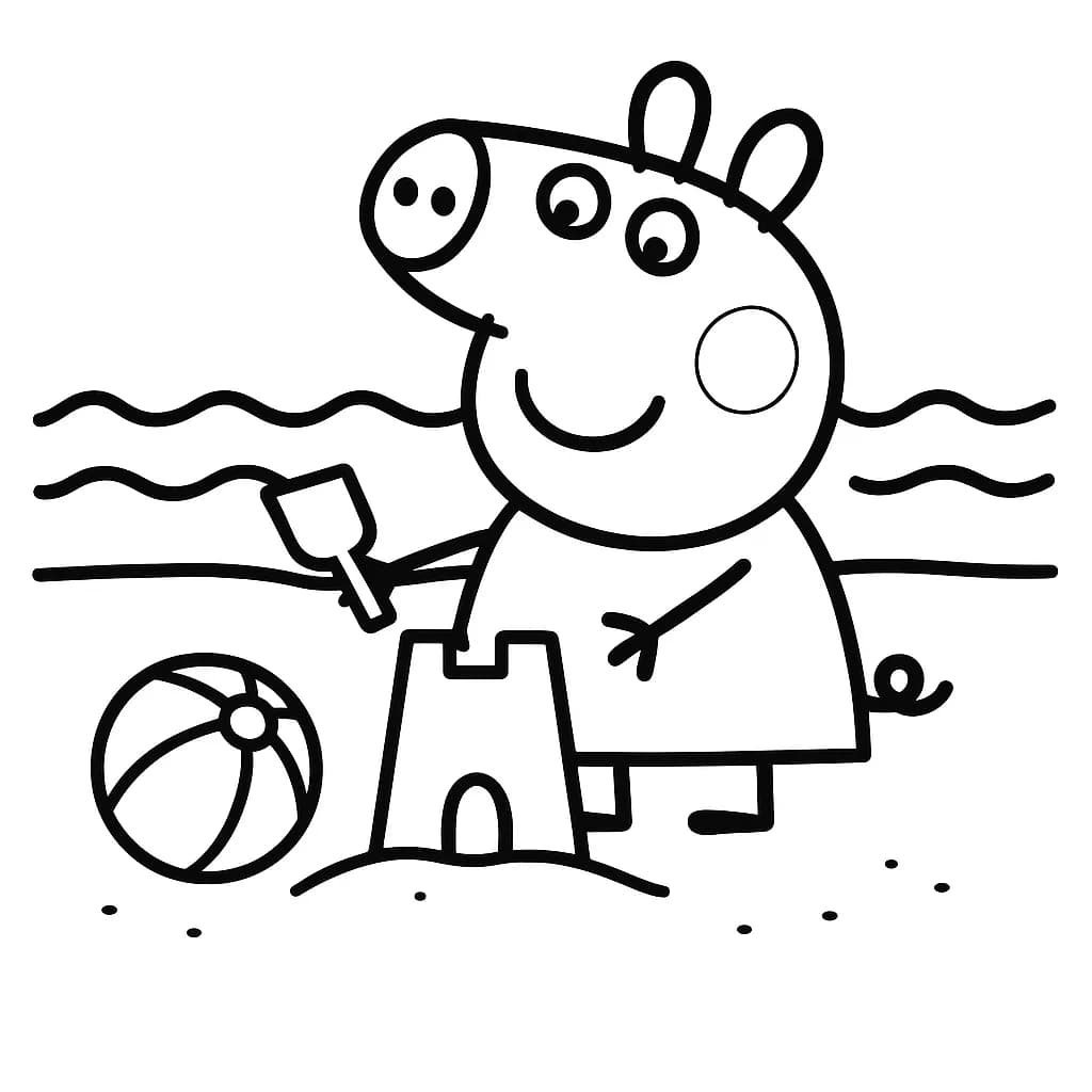Peppa Pig building a sandcastle with a beach ball and ocean waves in the background.