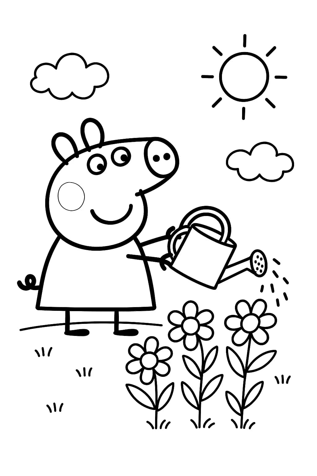 Peppa Pig standing in a garden, watering flowers under a spring sun, easy coloring page.