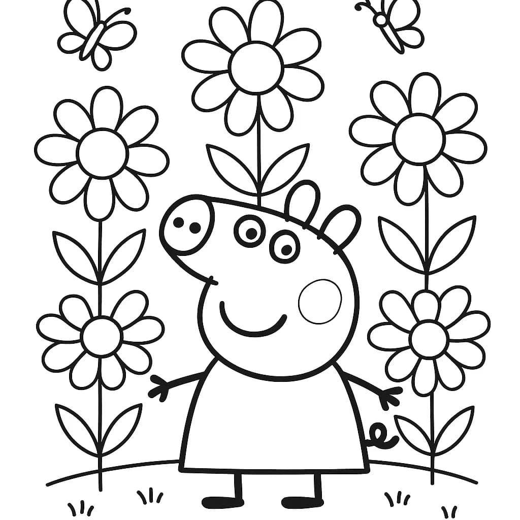 Peppa Pig standing in a garden with large flowers and butterflies around.